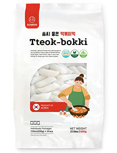 Korean Rice Cake Tteokbokki Stick, Vegan Non-GMO Gluten-Free Tteok Pre-sliced  21.16 oz by Somshi - 3 Individual Packs (3 Count, Pack of 1)