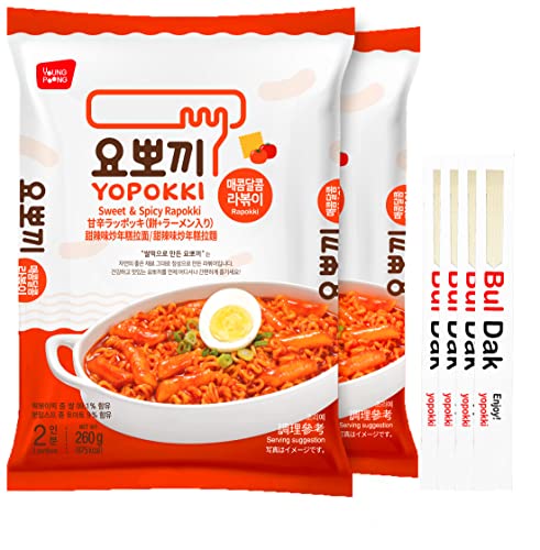 Yopokki Sweet & Mild Spicy Rabokki Pack I Ramen Noodle Tteokbokki Topokki Rice Cakes (Sweet & Mild Spicy Flavored Sauce, 2 Pack) Korean Snack 4 Chopsticks