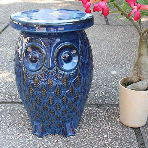 International Caravan Furniture Piece Navy Blue Wise Old Owl Ceramic Garden Stool