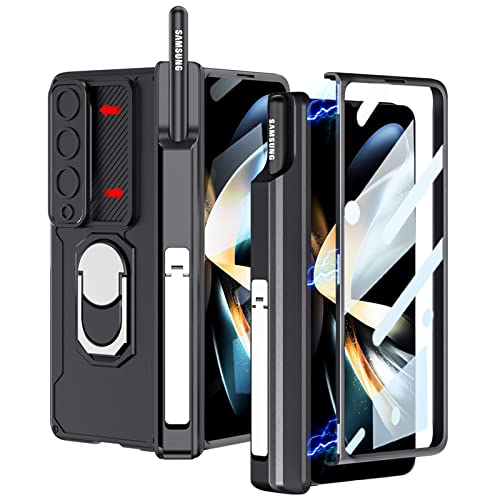 PUROOM for Samsung Galaxy Z Fold 4 Case Magnetic Hinge Coverage Protective Case, S Pen Holder & Ring Kickstand, Slide Camera Cover, Front Screen Protector All-Inclusive Case (Black)