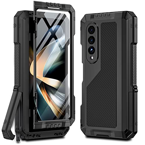 Compatible for Samsung Galaxy Z Fold 4 Metal Case with Kickstand,3 Layers Full Body Protective Shockproof Aluminium Cover Case Metal Screw Installation for Samsung Z Fold 4 Phone Case (Black)