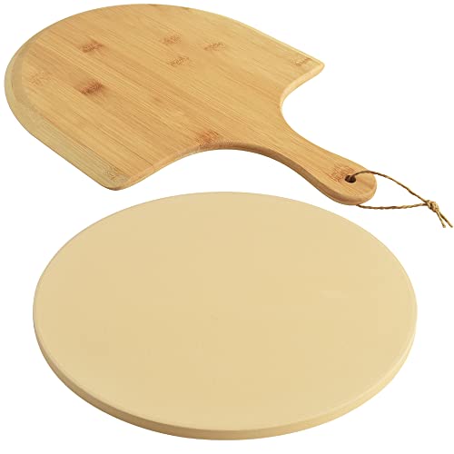 homEdge Pizza Stone Set, Heavy Duty Round Cordierite Baking Stone for Bread, Pizza, Thermal Shock Resistant Cooking Stone with Bamboo Pizza Peel Paddle for Oven and Grill-10 Inches (Diameter)