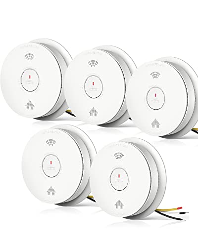 SITERWELL Hardwired Interconnected Smoke Detector Carbon Monoxide Detector Combo with 2 AA Batteries Back Up, 2 in 1 Smoke and CO Detector with Voice Alert, Smoke and CO Alarm with Self-Check, 5 Pack