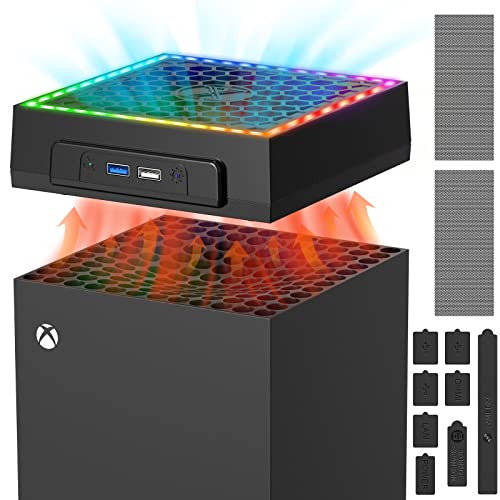 Cooling Fan for Xbox Series X Console with Colorful Light Strip,Dust Cover,Rubber Dust Plugs,12 inch Adjustable Speed Low Noise Top Fan with RGB LED Lights,2 USB Port & Touch Switch