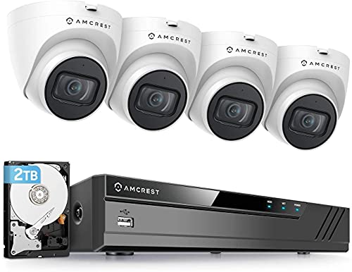 Amcrest 5MP POE Security Camera System Outdoor, 8CH POE NVR, 4pcs 5MP Turret POE Cameras, IP67 Metal Turret POE IP Cameras, Built in Mic, Pre-Installed 2TB Hard Drive, NV4108E-IP5M-T1179EW4-2TB