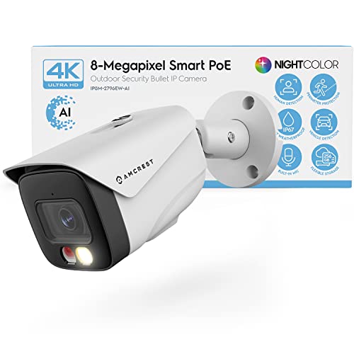 Amcrest UltraHD 4K (8MP) IP PoE AI Camera, FOV 129, 49ft Color Nightvision, Security Outdoor Bullet Camera, Human & Vehicle Detection, Active Deterrent, 4K @15fps, IP8M-2796EW-AI (White)