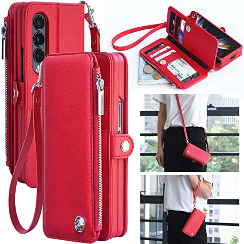 GooseBox for Galaxy Z Fold 4 Wallet Case, Z Fold 4 Case Strap with S Pen Holder & Card Holde Magnetic Flip Pu Leather Shockproof Protective Cover for Samsung Galaxy Z Fold 4 5G 2022- (Red)