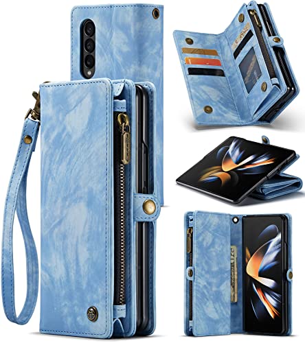 Zttopo for Samsung Galaxy Z Fold 4 Case, 2 in 1 Galaxy Z Fold 4 Wallet Case with Premium Leather Zipper Lanyard Card Holder, Durable Wristlet Flip Case Wallet Money Pocket Cover, Sky Blue