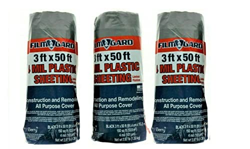 Berry Plastics Film-Gard Plastic Polyethylene Sheeting 4 Mil, Black, 3' x 50' Multi-Pack (3)
