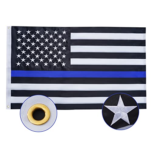 SYII Thin Blue Line Flag 2x3 Feet Outdoor Made in USA, Luxury Embroidered Stars and Double Stitched Sewn Stripes, Heavy Duty Polyester Back the Blue Police Flags with Canvas Header and 2 Brass Grommets