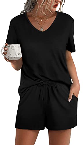 Aloodor Pajama Matching Sets Set for Women 2 Piece Short Sleeve V Neck Pjs Lounge Sets Sleepwear Soft Black M