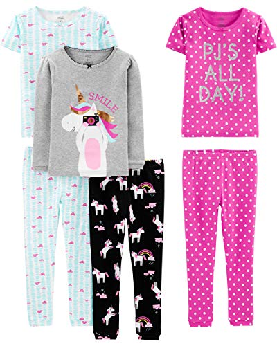 Simple Joys by Carter's Toddler Girls' 6-Piece Snug-Fit Cotton Pajama Set, Unicorn/Dots/Turtle, 5T