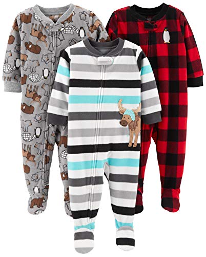 Simple Joys by Carter's Toddler Boys' Loose-Fit Flame Resistant Fleece Footed Pajamas, Pack of 3, Animal/Stripe/Buffalo Check, 2T