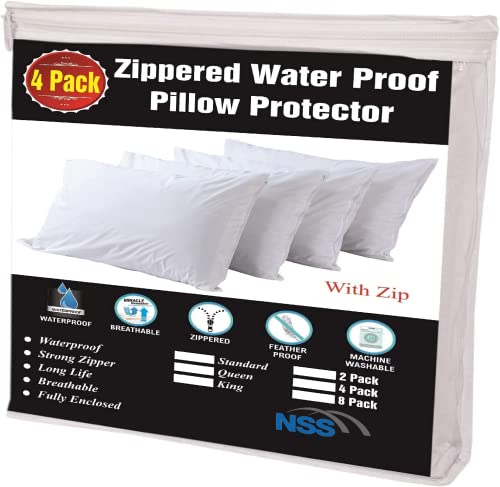 Extra Soft Non Noisy 4 Pack Waterproof Pillow Protectors Standard 20x26 Inches Smooth Zipper Premium Encasement Covers Quiet Cases Set White 100% Liquid Protection 100Gsm Super Soft