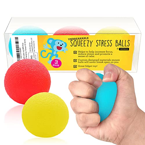 Impresa -Unbreakable Squeeze Stress Balls - 3 Pack - Squishy Anxiety Toys for Kids and Adults with ADHD and Autism - 3 Colors (BPA/Phthalate/Latex-Free)