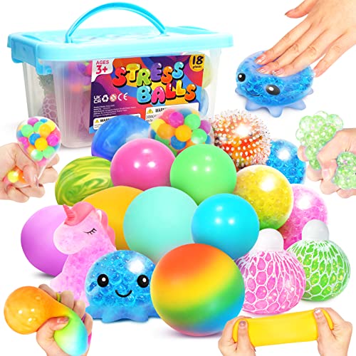 KLT 18 Pack Stress Balls for Adults and Kids: Squishy Ball Fidget Toys, Stress Relief Balls for Autism, Stress Toys Squeeze Balls, Anxiety-Relief, Sensory Toys for Autistic Children, Party Favors