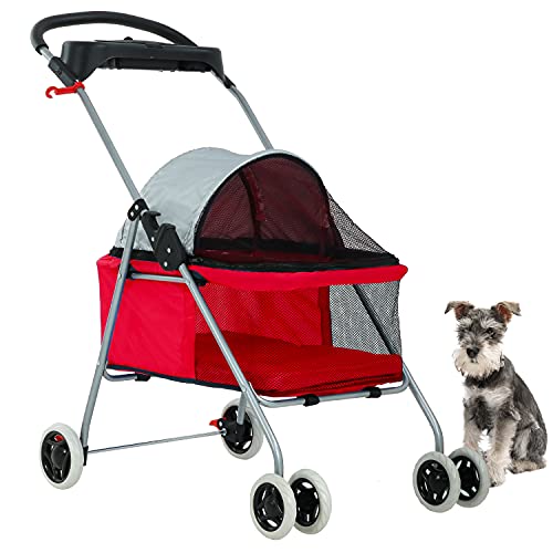 BestPet Pet Stroller 4 Wheels Posh Folding Waterproof Portable Travel Cat Dog Stroller with Cup Holder (Red)