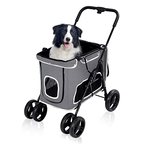 Dog Stroller for Medium Dogs, Pet Wagon Stroller with Dual Entry&Tops, Detachable Storage Bag One-Click Folding 4 Wheel Pet Cart Stroller for Small&Medium Dogs Cats Walk Travel- Gray