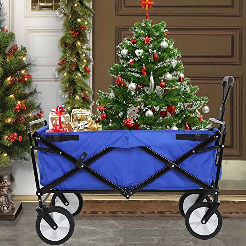 Folding Wagon Cart Heavy Duty Portable Collapsible Wagon w/Universal Wheels & Adjustable Handle,Beach Wagon with Big Wheels for Sand Outdoor Use Dog Wagon Sports Wagon Collapsible Heavy Duty(Blue)