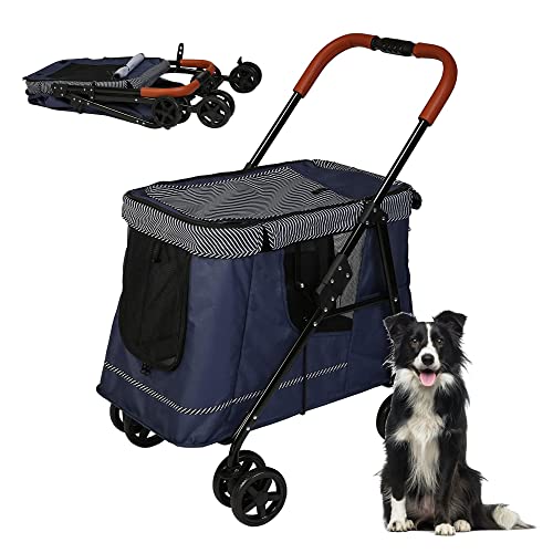 Vilobos Pet Wagon Double Dog Stroller for Large Dogs or Multiple Dogs Cats with 4 Wheels, Dog Cat Cart with Dual Entry Portable Quick One-Step Folding Travel Carrier Cart, Dark Blue