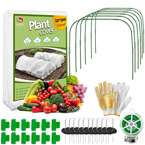 Plant Covers Freeze Protection Kit,10 x 30Ft Frost Cloth and 6Pcs Wide Garden Hoops 1oz/yd2 Floating Row Cover with Greenhouse Hoops Frost Blanket for Winter Garden Covers for Raised Beds with Tools