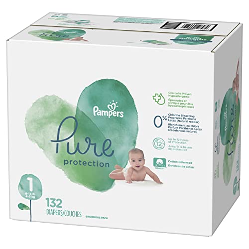 Diapers Size 1, 132 Count - Pampers Pure Protection Disposable Baby Diapers, Hypoallergenic and Unscented Protection, Enormous Pack (Packaging & Prints May Vary)