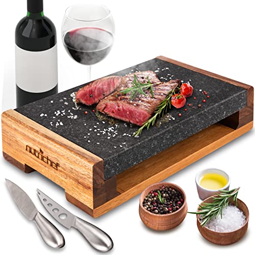 Nutrichef Cooking Stone Grill Set - Hot Lava Rock Sizzling Plate for Steak BBQ & Meat Grilling with Stainless Steel Knives, Cooks and Retains Heat & Flavor, Heated Tray for Serving Food
