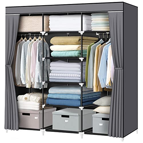 LOKEME Portable Closet, 55.5 Inch Wardrobe Closet for Hanging Clothes with 2 Hanging Rods, 9 Clothes Storage Organizer Shelves, Gray Closet Extra Durable, Quick and Easy to Assemble
