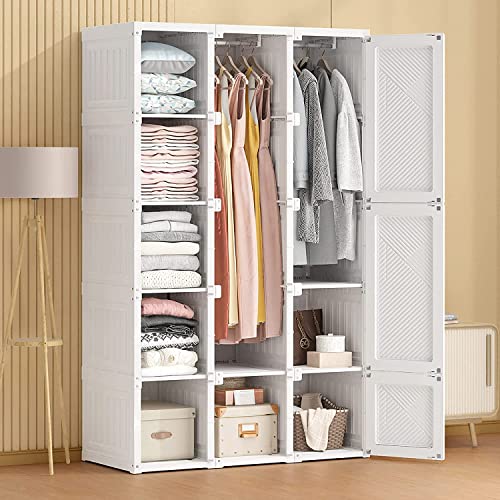 Tinure Portable Cube Wardrobe, Foldable Wardrobe Closet Clothes Organiser, 6/8/10/12/15 Storage Cubes, Magnet Doors, Odorless Material, Stable Structure, Easy AssembleWhite (W15-D11-H2)