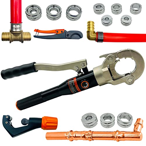 IBOSAD Hydraulic Copper Pipe Tube Fittings Crimping Tool with1/2,3/4,1" Dies for Copper Pipe and F877 Stainless PEX Press Sleeves,3/8",1/2",5/8",3/4",1" Dies for ASTM F1807 Pex Pipe Copper Ring