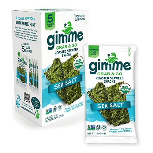 gimMe Grab & Go - Sea Salt - 5 Count - Organic Roasted Seaweed Sheets - Keto Vegan Gluten Free - Great Source of Iodine & Omega 3s - Healthy On-The-Go Snack for Kids Adults
