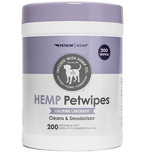 Petkin Hemp Pet Wipes for Dogs and Cats - with Hemp Oil & Calming Lavender Scent, 200 Count - Soothes, Calms & Conditions - Wipes for Pet's Face, Eyes and Body - for Home or Travel