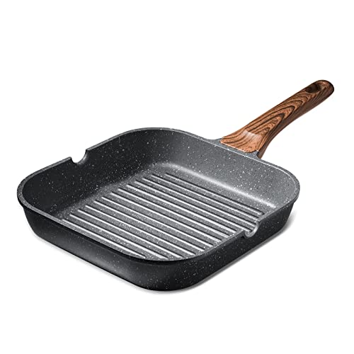 SENSARTE Nonstick Grill Pan for Stove Tops, Versatile Griddle Pan with Pour Spouts, Square Grill Pan for Big Cooking Surface, Durable Grill Skillet for Indoor & Outdoor Grilling. PFOA Free, 9.5 Inch