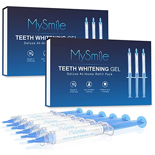 MySmile Teeth Whitening Gel Refills Pack, 6 Non-Sensitive Teeth Whitening Gel Syringes, Teeth Whitener Dental Grade Tooth Whitening Gel for Tray, 10 min Fast Result Whitening