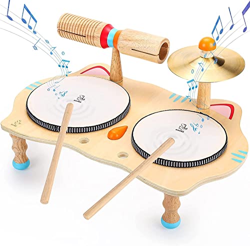 oathx Kids Drum Set All in One Montessori Musical Instruments Set Toddler Toys Natural Wooden Music Kit Baby Sensory Toys Months Birthday Gifts for Girls Boys