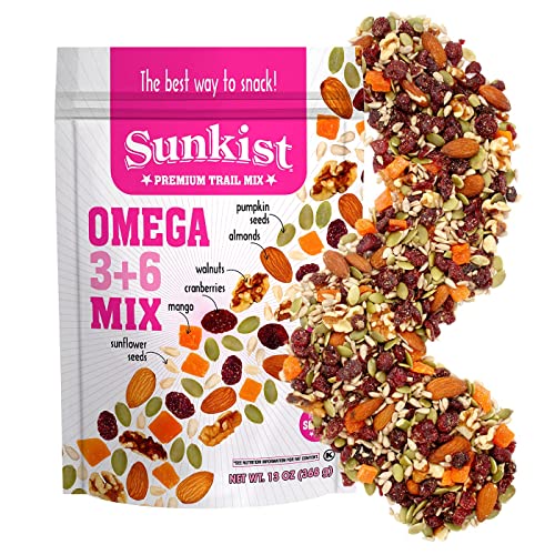 Sunkist Omega 3+6 Trail Mix - Fruit, Nut and Seeds, Pumpkin and Sunflower Seeds, Mango, Almonds, Walnuts, and Cranberry | Gluten Free Premium Quality | 13 oz Resealable Bag (Sunkist Omega 3+6 Trail Mix)