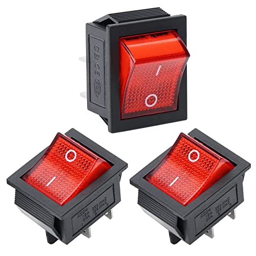 STARELO 3Pcs Square Rocker Toggle Switch ON/0FF 2Position 4Pin for Auto Boat AC 250V/16A AC 125/20A with LED Light DPST KCD2-201(Red).