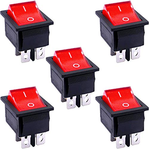Taiss 5Pcs Rocker Switch DPST ON/Off 4 Pin 2 Position Rocker Switches 16A 250VAC/20A 125VAC with Red Light Illuminated Boat Rocker Toggle Switch for Boat KCD2-201N-R
