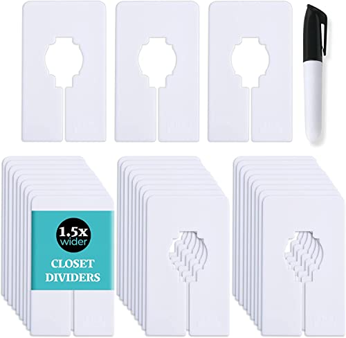 30 Closet Dividers for Hanging Clothes- Rectangle Clothing Size Dividers for Racks, 1.5x Wider White Closet Divider Set with Marker