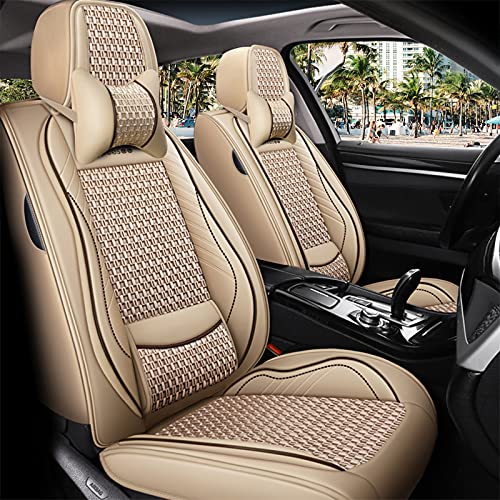 FREESOO Car Seat Covers Full Set, Leather Seat Cover Breathable Automotive Cushion Accessories with Lumbar Support Universal Fit 5 Passenger Vehicle (Beige 9)