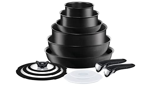 T-fal Ingenio Nonstick Cookware Set 14 Piece Induction Stackable, Detachable Handle, Removable Handle Cookware, Pots and Pans, Oven, Broil, Dishwasher Safe Black