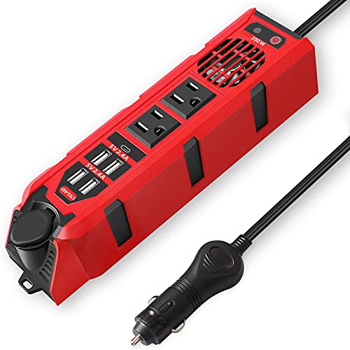 200W Car Power Inverter DC 12V to 110V AC Converter with Dual AC Outlets, 4 Quick Charger 2.4A USB Ports and 1 Type C Port Cigarette Lighter Socket Charger Adapter