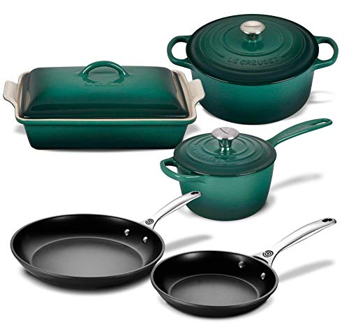 Le Creuset 8 Piece Multi-Purpose Enameled Cast Iron with SS Knobs, Stoneware, and Toughened Nonstick PRO Fry Pan Complete Cookware Set - Artichaut