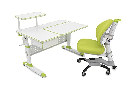 ApexDesk Little Soleil DX 43" Children's Height Adjustable Study Desk w/Integrated Shelf & Drawer (Desk+Chair Bundle  Green)