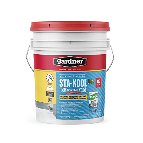 Gardner-Gibson Sta-Kool 15-Year Turbo-Dri Elastomeric Roof Coating, White, 5 Gal, Flexible White Acrylic Roof Coating, Reflective Finish Keeps Roof Cool, Resists Cracking and Peeling