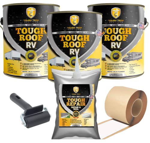 Tough Tech Coatings Tough Roof RV Coating kit - Permanent RV Roof Waterproofing Kit - for RVs, & Trailers Roofs Up to 25 FT Long - No Primer Required - 87% Solar Reflective - 3.5 Gal White