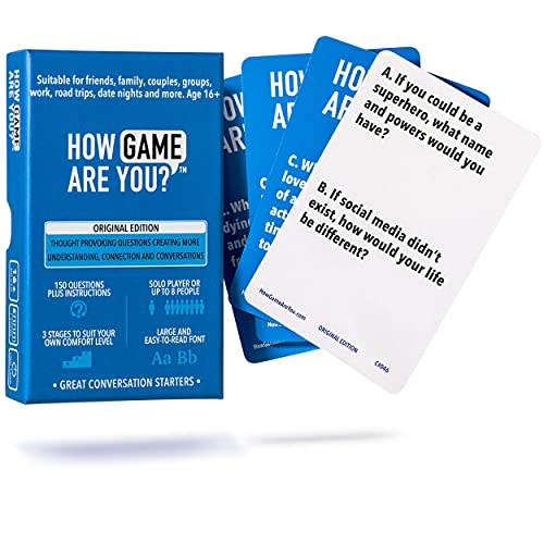 How Game Are You? Question Cards Game for Road Trips, Family Night Cards, Work Icebreaker Game/Conversation Starters and More. 150 Questions. Tarot-Sized Cards.