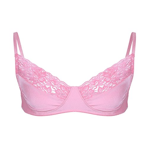 iEFiEL Men's Sissy Lingerie Bralette Adjustable Shoulder Straps Smooth Fabric Lace Bra Pink Large