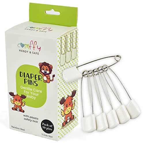 Comffy 50 PCS Diaper Pins - Stainless Steel Pins with Plastic Safety Lock, Large Nappy Pins with White Plastic Heads, 5.5cm x 1.1cm - Safety Pins for Baby Cloth Diapers