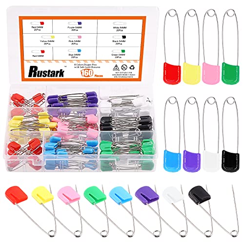 Rustark 160Pcs 2 Inch Plastic Head Safety Pin Premium Large Safety Pin for Baby Cloth Diaper Pins (8 Colors)